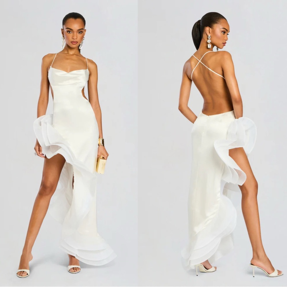 Retrofete Kaitlin Dress Bridal White Asymmetrical Ruffle Maxi